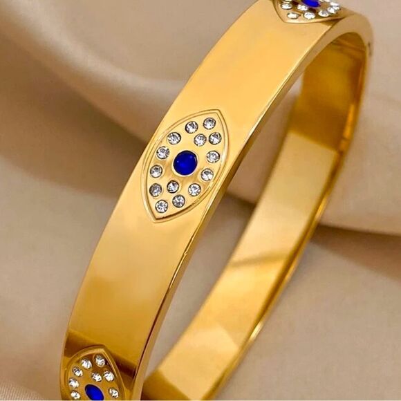 SALE 18k Gold Filled Sapphire Blue Topaz Crystal Evil Eye Cuff Bracelet - Picture 3 of 6